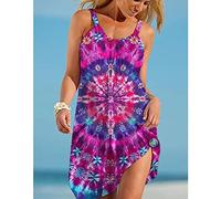 Freizeitkleider Für Damen - Sommer Beiläufige Lose Damen-Strand-Trägerkleider Batik-Kleid Mit Buntem Wirbeldruck Spaghettiträger-Kleider Mit U-Ausschnitt Damen-Partykleidung, Dress03, 3Xl