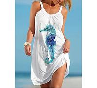 Freizeitkleider Für Damen - Sommer-Damen-Strand-Trägerkleider, Unterwasser-Tier-Seepferdchen-Bedrucktes Slip-Kleid, Modisches U-Ausschnitt, Ärmelloses Trägerkleid, Damen, Lässiges, Lockeres Kle