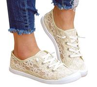 Freizeitschuhe Damen Bestickte Sneaker Spitze Atmungsaktive Stoffschuhe Elegante Frauen Schnürhalbschuhe Laufschuhe Leicht Sportlich Flache Schuhe Walkingschuhe