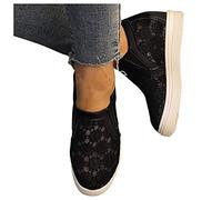 Freizeitschuhe Damen Bestickte Sneaker Spitze Atmungsaktive Stoffschuhe Elegante Frauen Schnürhalbschuhe Laufschuhe Leicht Sportlich Flache Schuhe Walkingschuhe