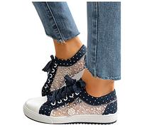 Freizeitschuhe Damen Bestickte Sneaker Spitze Atmungsaktive Stoffschuhe Elegante Frauen Schnürhalbschuhe Laufschuhe Leicht Sportlich Flache Schuhe Walkingschuhe