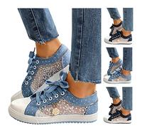 Freizeitschuhe Damen Bestickte Sneaker Spitze Atmungsaktive Stoffschuhe Elegante Frauen Schnürhalbschuhe Laufschuhe Leicht Sportlich Flache Schuhe Walkingschuhe