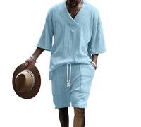 Freizeitset Herren All-Match Trend Lose 2 Stück Shirt Set Kurzarm Temperament Mode Poloshirt Herren Das Neue Revers T-Shirts Kurze Hose Freizeitanzug A-Light Blue1 M