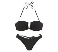 Bandeau-Bikini FRENCH CONNECTION "Claire", Damen, Gr. 38, Cup C/D, schwarz, Recycling-Polyamid, kontrastfarbene Details, Bikini-Sets, V-förmige Schnalle zwischen den Cups (59714029-38) schwarz