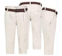 FRESH MADE Damen Short Bermuda 3/4 Hose Sommer Chino Stoff Hose mit Gürtel Capri, Hosengröße:XS / 34, Farbe:Beige