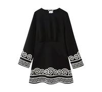 FRESQA 2023 Herbst Mode Stickerei Gespleißt Kleid Für Frauen Langarm Crew Neck Lace Up Kleider Beiläufige Lose Pendeln Streetwear