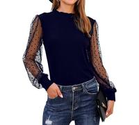 FRESQA Elegante Bluse Mesh Langarm Shirts Polka Dot Rüschen Damen Mock Neck Tops, blau, X-Large