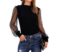 FRESQA Elegante Bluse Mesh Langarm Shirts Polka Dot Rüschen Damen Mock Neck Tops, Schwarz , M