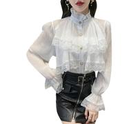 FRESQA Viktorianisches Top, Gothic-Lolita-Bluse, viktorianische weiße Rüschen, Stehkragen, Laternenärmel, mittelalterliche Vintage-Hemden für Damen in Übergröße