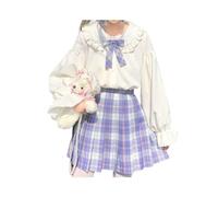 FRESQA Weiße Lolita-Hemden für Damen im japanischen Stil, süßes Mädchen, Rüschen, einfarbig, schöner Peter-Pan-Kragen, lässiger Frühling