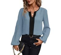 Frewurwer Damen Elegante Casual V-Ausschnitt Farbblock Business Blusen Langarm Arbeitshemden Herbst Trendy Kleidung Blau L