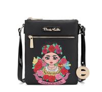 Frida Kahlo Viva La Vida Crossbody-Tasche, schwarzes Blumendesign, mehrere Fächer mit goldfarbenen Beschlägen und Lackleder