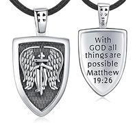 Friggem Schutzengel Halskette Herren 925 Sterling Silber Saint Michael Anhänger, Shield Kreuz Amulett Anhänger Halskette Schmuck Geschenke mit Lederseil 22 "Kette