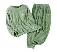 Frottee Schlafanzug Damen, Zweiteiliger Lang Pyjama Set Langarm Rundhals Sweatshirt Und Schlafhose Thermo Hausanzug Flanell Pyjamas Winter Loungewear Kuschelig Nachtwäsche Light Grün L