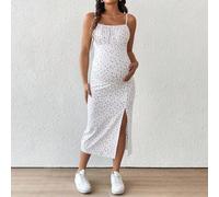 Frühjahrs- und Sommerkleider mit roten und blauen Blümchen-Motiven, Trägerkleid mit Seitenschlitz, figurbetontes Umstandskleid in Midi-Länge, Sommerou