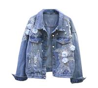 Frühling Herbst Jeansjacke Damen Stickerei Blumen Loch Cowboy Oberbekleidung Lässige Jean Mantel Blue XXL