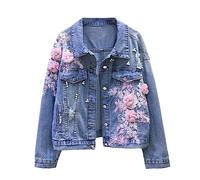 Frühling Herbst Jeansjacke Damen Stickerei Blumen Loch Cowboy Oberbekleidung Lässige Jean Mantel Pink XXL