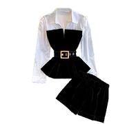 Frühling Herbst Langarm Samt Tops mit Gürtel Elastische Shorts zweiteiliges Set Frauen Gr. Medium, Schwarz