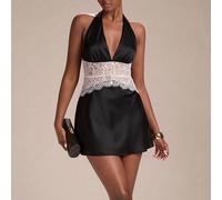 Frühling/Sommer Aprikosenfarbenes Satin-Taillen-Patchwork Schwarze Spitze A-Linie Neckholder Mini-Kleid, Elegantes Kleid