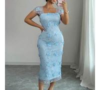 Frühling/Sommer Damen elegantes romantisches Mesh-Kleid mit 3D-Blumenstickerei, tailliert, plissiert, Midi-Länge, geeignet für Hochzeitssaison, Zusamm