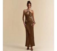 Frühling/Sommer, einfarbig, braun, Kaffeefarbe, eng anliegendes, transparentes Netz, gestrickt, gehäkelt, Seestern-Aufkleber, figurbetontes Minikleid,