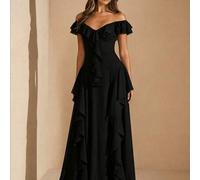 Frühling/Sommer einfarbiges Apricot V-Ausschnitt Rüschen Kurzarm figurbetont extra langes elegantes Chiffon Maxikleid, Hochzeitsgast Outfit, Brunch Kl