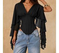 Frühling/Sommer einfarbiges schwarzes Chiffon-Crop-Top im Korsett-Stil mit Flügelförmigen Ärmeln, romantisches Date, Valentinstag-Date, Ausflug, Party