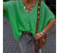 Frühling/Sommer Neu Grüner V-Ausschnitt Knopf Kurzarm Oversized Schulter Design Boho Lässig Urlaub Leicht Strick Cardigan Kurzarm Top, Neujahr