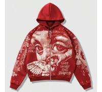 Frühlings-Lässig Grafik Rot Herren Lässig Fashion Street Engel Muster Reißverschluss Kordelzug Kapuzen Fleece Sweatshirt, warm für Herbst/Winter, Y2K