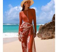 Frühlings-/Sommer-Jumpsuit mit Reißverschluss vorne für lässige Strandurlaube, lange Ärmel + bedruckter Mesh-Rock 2-teiliges Set, Burkini-Anzug im Sti