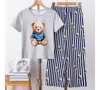 Frühlings-/Sommer-Jungen süßer Cartoon Bär & gestreifter Muster weicher, bequemer, retro-lässiger, locker sitzender grauer Kurzarm-Sweatshirt-Pullover