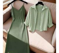 Frühlings-/Sommer-Neuer gestreifter lässiger Hemdkragen-Shirt + V-Ausschnitt Trägerkleid Set, vielseitiger taillierter Midi-Kleid, Große Größen