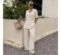 Frühlings- und Sommer-Anzugjacke mit weißem strukturiertem Blume Muster, Kurzarmhemd, gerade geschnittene Hose, Set mit locker sitzender, business-cas