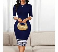 Frühlings- und Sommer-elegantes Pendler-Büro, buntes gestricktes Bleistiftkleid mit Rundhalsausschnitt und Dreiviertelärmeln, Business-Casual für Frau