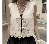 Frühlings- und Sommer-Lässig-Urlaubsstil modischer weißer strukturierter Ausschnitt-Jacquard Boho-Strandmode ärmelloser kurzer Cardigan für Frauen