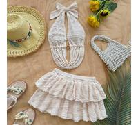 Frühlings- und Sommer-Urlaubs-Outfit mit V-Ausschnitt, Cut Out Schnürung-Rücken Top und mehrstufigem Mini-Rock, 2-teiliges Set, geeignet für Urlaub, D