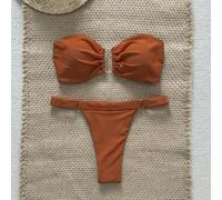 Frühlingsferien Damen Einfaches einfarbiges trägerloses Bandeau-Top mit Metalldekor und Tanga-Bikini 2-teiliges Badeanzug-Set für Sommerstrandurlaub