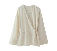 Frühlingsneues, europäisches und amerikanisches Set aus strukturierter, zweireihiger Oberbekleidung im Kimono-Stil und gerader Hose für Damen - Cremefarbenes Oberteil BB4927TP-XS