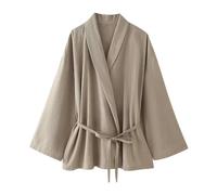 Frühlingsneues, strukturiertes, zweireihiges Set aus Oberbekleidung im Kimono-Stil und gerader Hose für Damen aus Europa und Amerika - Khakifarbenes Oberteil BB4927TP-M