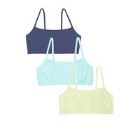 Fruit of The Loom Damen Baumwolle mit Spaghettiträgern - Ganztägiger Komfort Sport-BH, Undurchsichtige, Linsen/Aruba Blue/Dutch Blue, 75 (3er Pack)