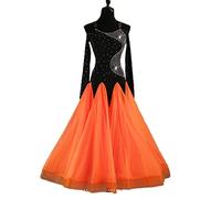 FRULP Modernes Tanzkleid Für Damen, Ballsaal Tanzrock Großes Swing Kleid Sexy Hosenträger Strasssteine Fingerspitzenärmel, Damen Walzer Tango Tanz Performance Kleid,2XL,Orange