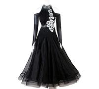 FRULP Modernes Tanzkleid Für Damen, Gesellschaftstanzrock Großes Swingkleid Stehkragen Strass Trägerlos Lange Ärmel Walzer, Wettbewerbsrock, Tango-Tanzkostüme,2XL,Black