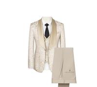 FSDIYU Anzug Herren, 3-teiliger eleganter Slim-Fit-Smokinganzug aus Jacquard, für formelle Hochzeiten, Bankette, Bälle, Partys, Gastgeberkostüm, Blazer, Hose, Anzug,48,Beige