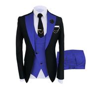 FSDIYU Anzug Herren, 3-teiliger klassischer Slim-Fit-Herrenanzug mit einem Knopf, für Casual Formal Business Hochzeit Bankette Proms Party Blazer Weste Hose Anzug,2XS, Black + Sapphire Blue