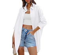 FSHAOES Damen Oversize-Hemd, Knopfleiste, lässig, locker, langärmelig, einfarbig, Revers, lange Blusen mit Taschen, 50,8 cm (20 3/4 Zoll), Weiß, X-Groß