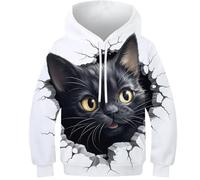 FSMHDG Kinder Pullover Schwarze Katze in 3D-Optik - Bequemer Kinder Hoodie, Weiches Kinder Sweatshirt, Ideal Für Alltag Und Schule