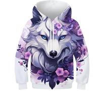 FSMHDG Modischer Kinder Pullover 3D Wolf Weiß Lila Mit 3D-Print - Kinder Hoodie Für Alltag Und Schule, Bequemes Kinder Sweatshirt