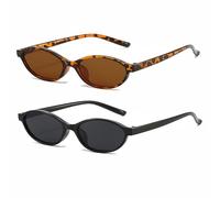 FSMILING 2 Stück Ovale Retro Sonnenbrille Damen Cateye Vintange Sonnenbrille Oval Trendy 90er Klein Schmal Katzenaugen Sunglasses