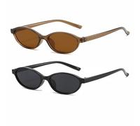 FSMILING 2 Stück Vintange Oval Cateye Sonnenbrille Damen Ovale Retro Sonnenbrille Trendy 90er Klein Schmal Katzenaugen Brille,Schwarz/Braun