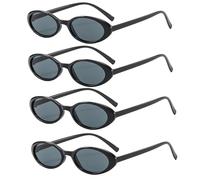 FSMILING 4 Stück Ovale Retro Sonnenbrille Damen Schwarz Vintange Sonnenbrille Oval Trendy 90er Klein Schmal Sunglasses